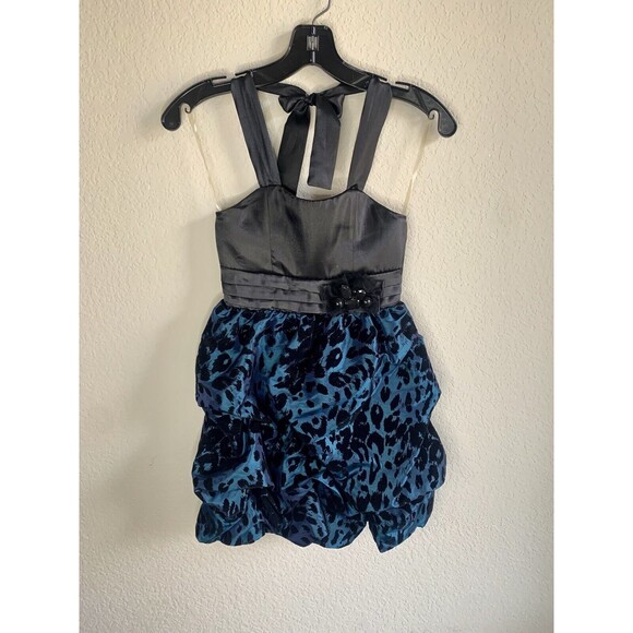 Xtraordinary Girls Halter Dress Sleeveless Teal Leopard Gathered Layered Dress 7 - Picture 1 of 8